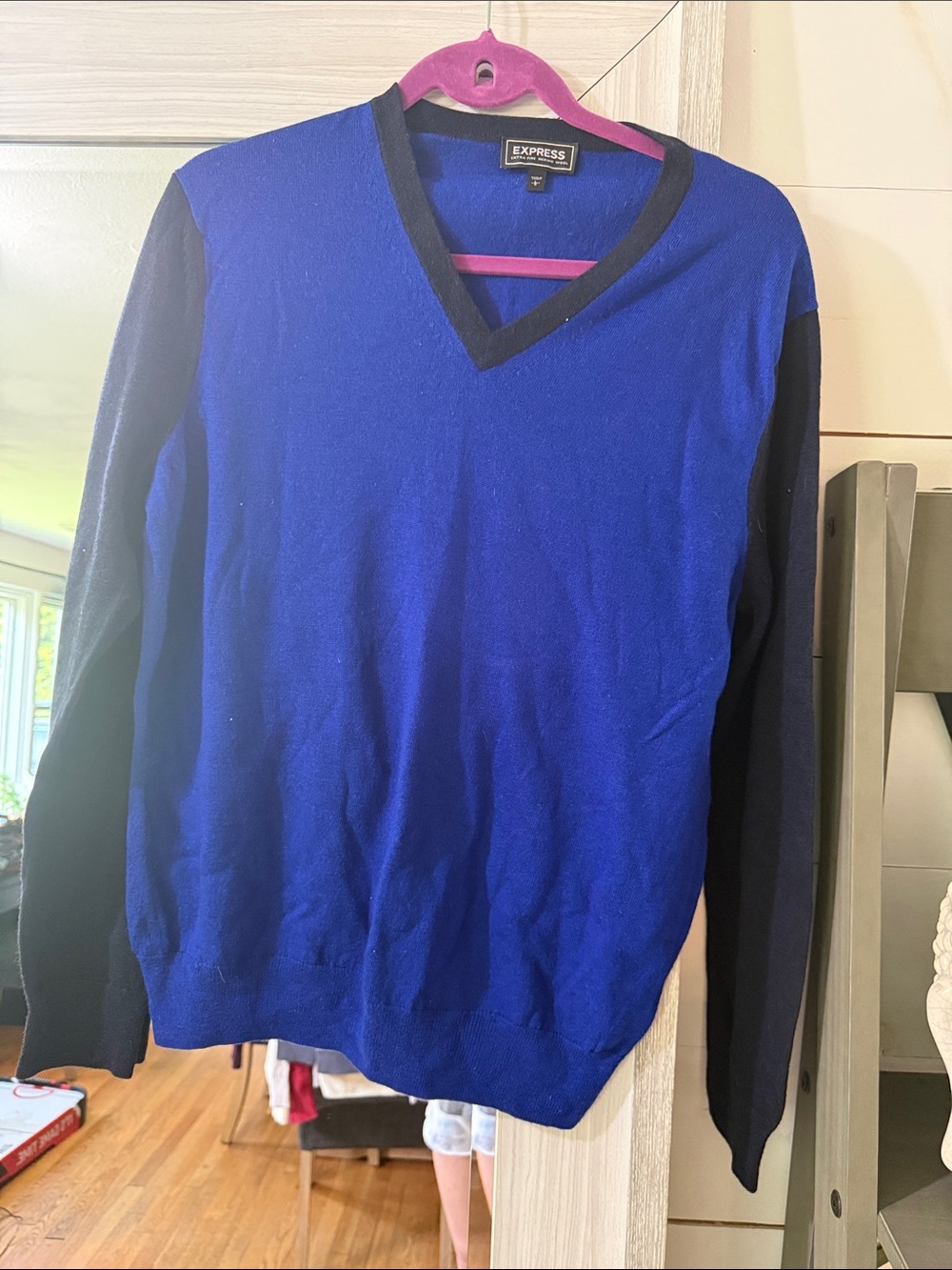 Express Men's Royal Blue V-Neck Sweater with Black Trim and Sleeves